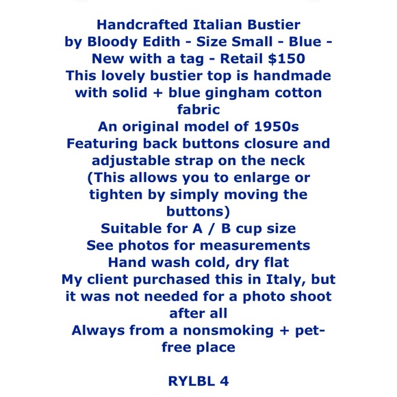 $150 Italian Bustier Small Blue Cup A / B Handcrafted Halter Top Gingham 1950s - Picture 2 of 12